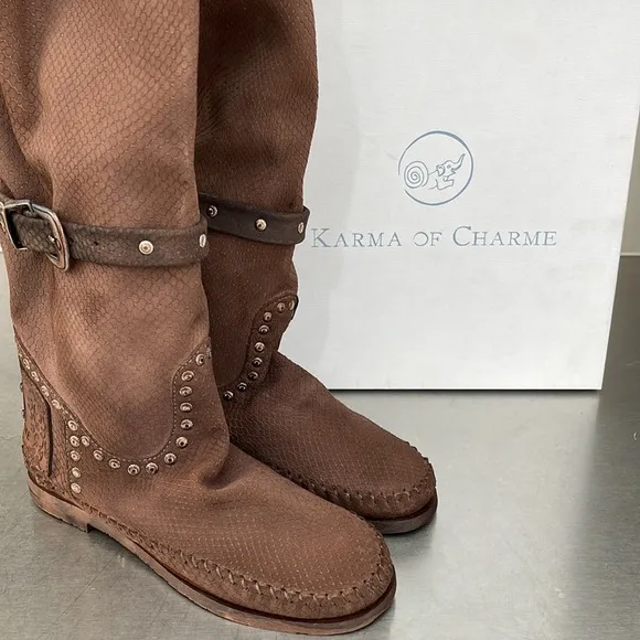 Karma of Charme tall boots in chocolate snake print leather. New from Sundance.