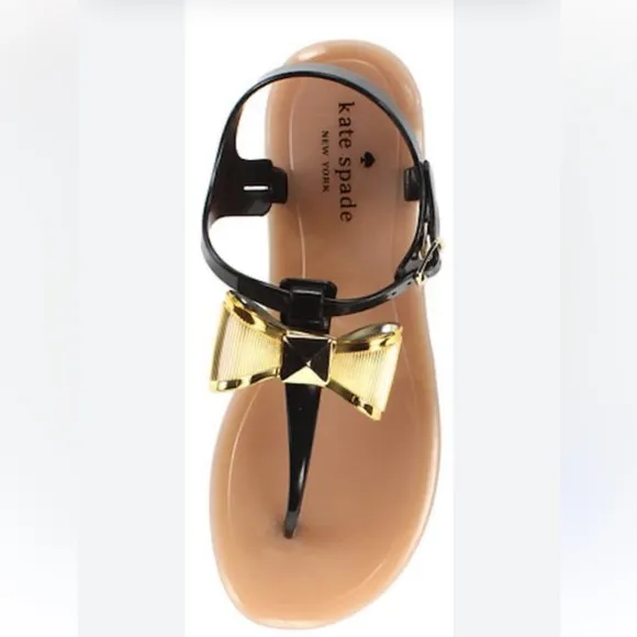 KATE SPADE BLACK PATENT LEATHER, GOLD BOW , BUCKLE SANDALS FLIP FLOPS SIZE 7