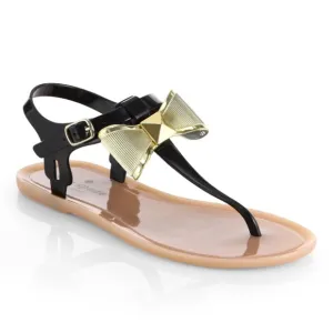 KATE SPADE BLACK PATENT LEATHER, GOLD BOW , BUCKLE SANDALS FLIP FLOPS SIZE 7