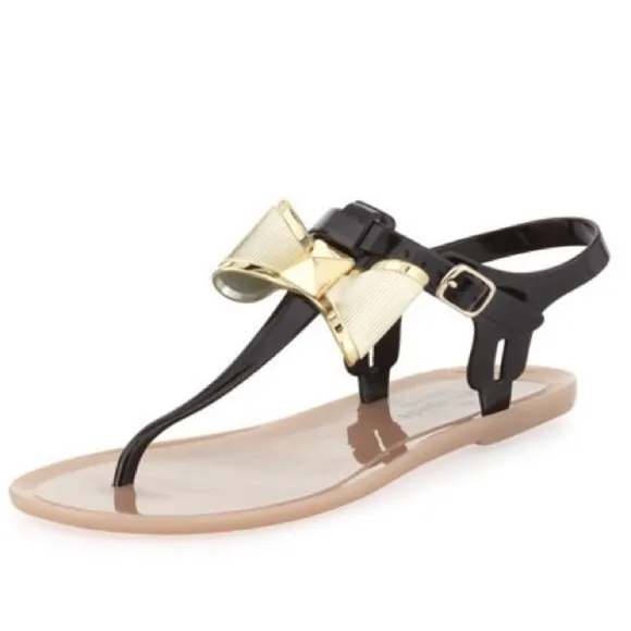 KATE SPADE BLACK PATENT LEATHER, GOLD BOW , BUCKLE SANDALS FLIP FLOPS SIZE 7