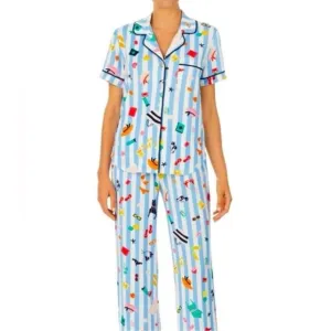 kate spade S White Aqua Blue Vertical Stripe Beach Themed Top Crop Pants PJ Set