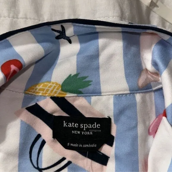 kate spade S White Aqua Blue Vertical Stripe Beach Themed Top Crop Pants PJ Set