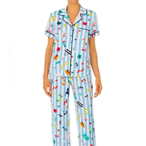 kate spade S White Aqua Blue Vertical Stripe Beach Themed Top Crop Pants PJ Set