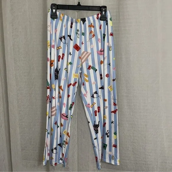 kate spade S White Aqua Blue Vertical Stripe Beach Themed Top Crop Pants PJ Set