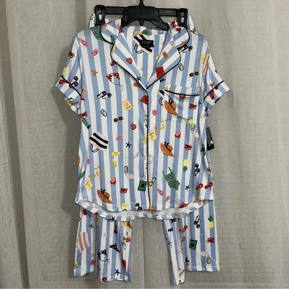 kate spade S White Aqua Blue Vertical Stripe Beach Themed Top Crop Pants PJ Set