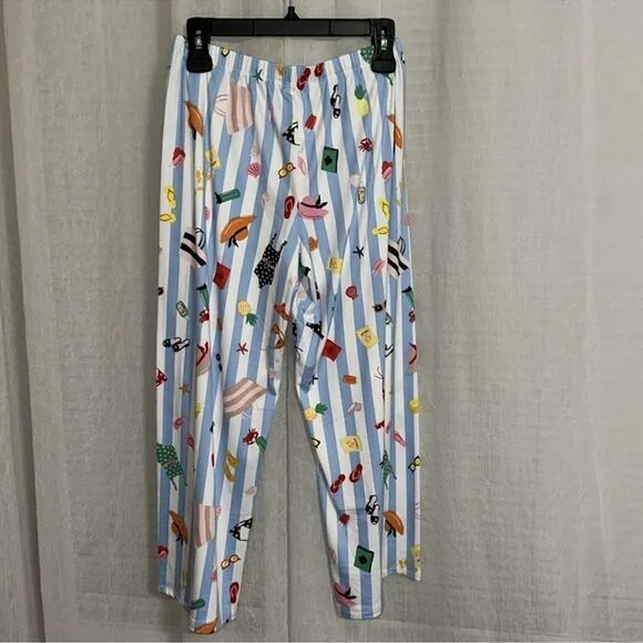 kate spade S White Aqua Blue Vertical Stripe Beach Themed Top Crop Pants PJ Set