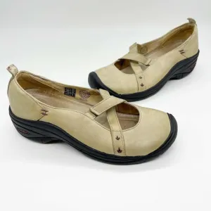 Keen Embroidered Mary Janes Shoes Sz 7.5 Off White Leather Criss Cross Strap