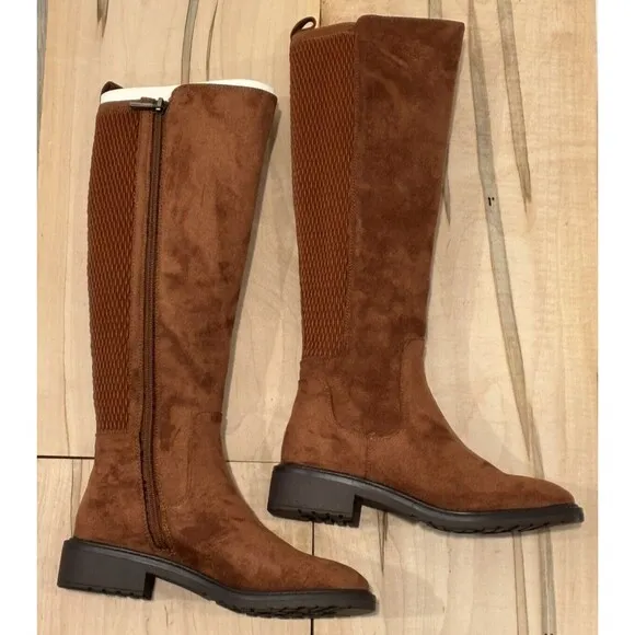 Kenneth Cole Reaction Lionel Tall Stretch Back Panel Boots Caramel Cafe