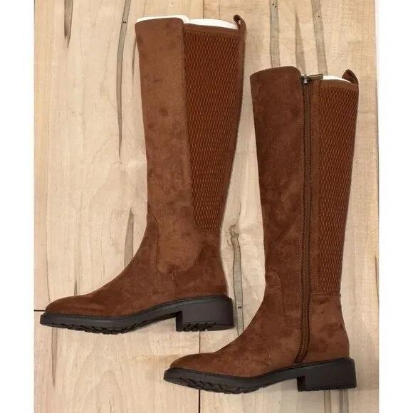 Kenneth Cole Reaction Lionel Tall Stretch Back Panel Boots Caramel Cafe