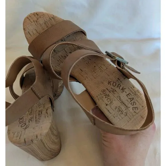 Kork Ease Della Brown Strappy Leather Platform Sandals Wood Grain Size 7