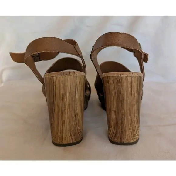 Kork Ease Della Brown Strappy Leather Platform Sandals Wood Grain Size 7