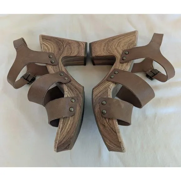 Kork Ease Della Brown Strappy Leather Platform Sandals Wood Grain Size 7