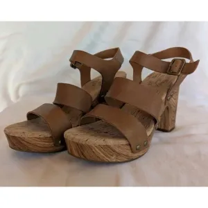 Kork Ease Della Brown Strappy Leather Platform Sandals Wood Grain Size 7