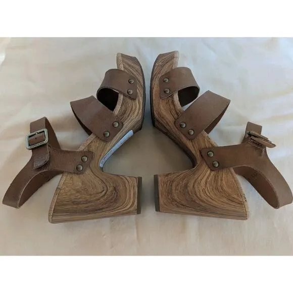 Kork Ease Della Brown Strappy Leather Platform Sandals Wood Grain Size 7