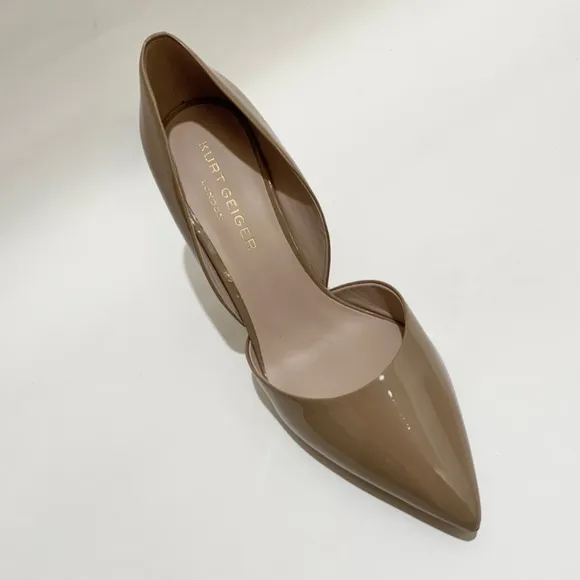 KURT GEIGER BOND 90 Stiletto Heel Patent Leather Nude Tan Pumps Pointed Toe 40