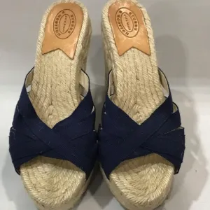 Ladies Stubbs &amp; Wootton Navy Fabric Wedge Sandals Size 38