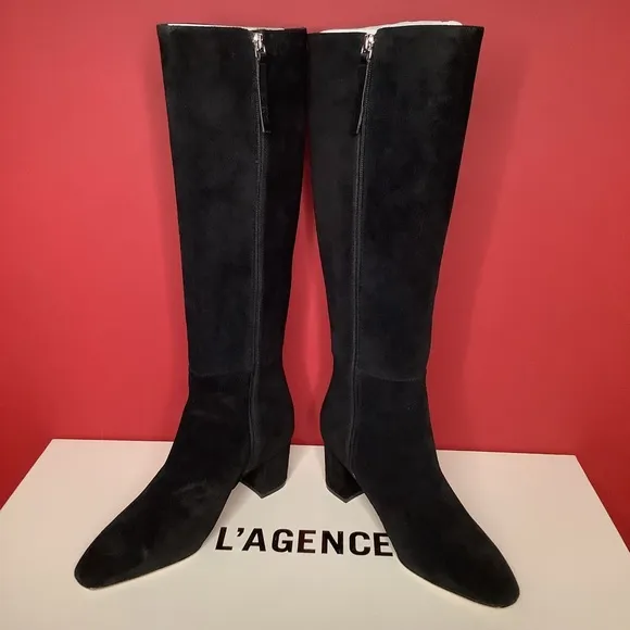 L’AGENCE Eugenia Sz 6.5 Black Suede 2.36” Block Heel Boot Almond Toe 15.55…