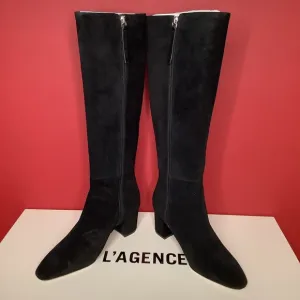 L’AGENCE Eugenia Sz 6.5 Black Suede 2.36” Block Heel Boot Almond Toe 15.55…