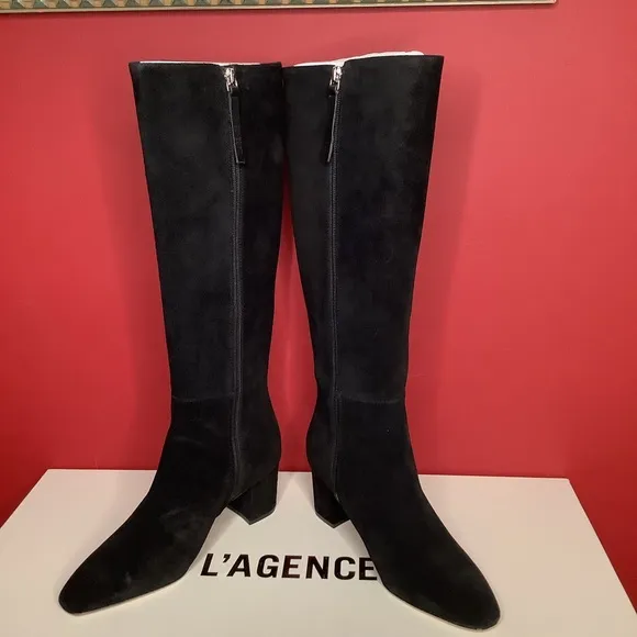 L’AGENCE Eugenia Sz 6.5 Black Suede 2.36” Block Heel Boot Almond Toe 15.55…
