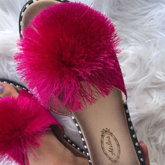 Last Pair 11! Fuchsia Pom Stud Slide-In Mule Sandal