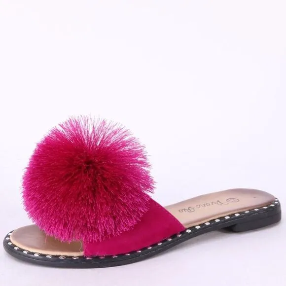 Last Pair 11! Fuchsia Pom Stud Slide-In Mule Sandal