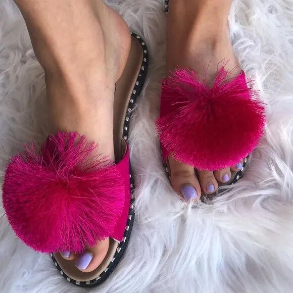 Last Pair 11! Fuchsia Pom Stud Slide-In Mule Sandal