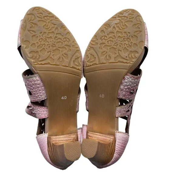 Laura Vita Pink Leather Cutout Heeled Sandals Back Zipper Wooden Heel Size 40 EU