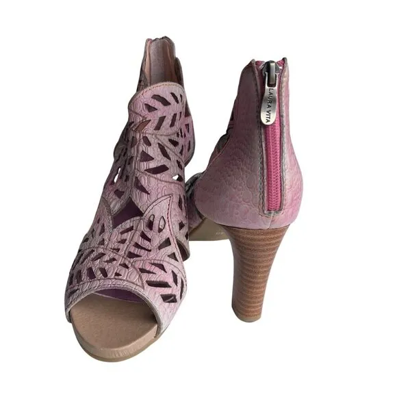 Laura Vita Pink Leather Cutout Heeled Sandals Back Zipper Wooden Heel Size 40 EU