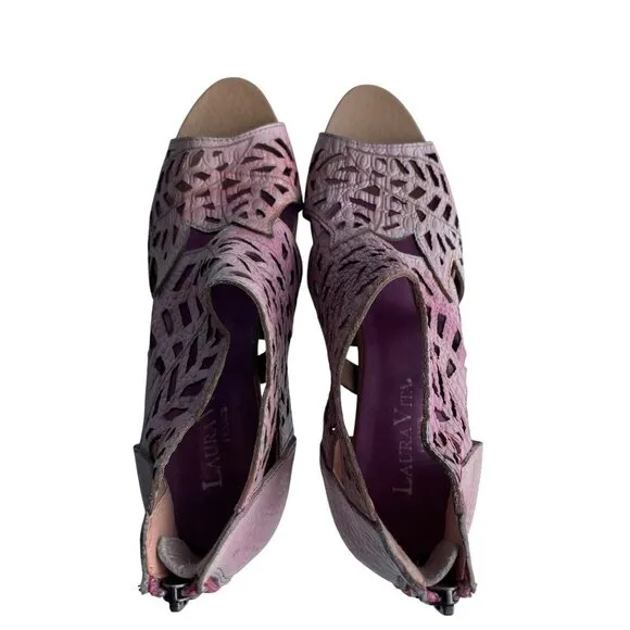 Laura Vita Pink Leather Cutout Heeled Sandals Back Zipper Wooden Heel Size 40 EU