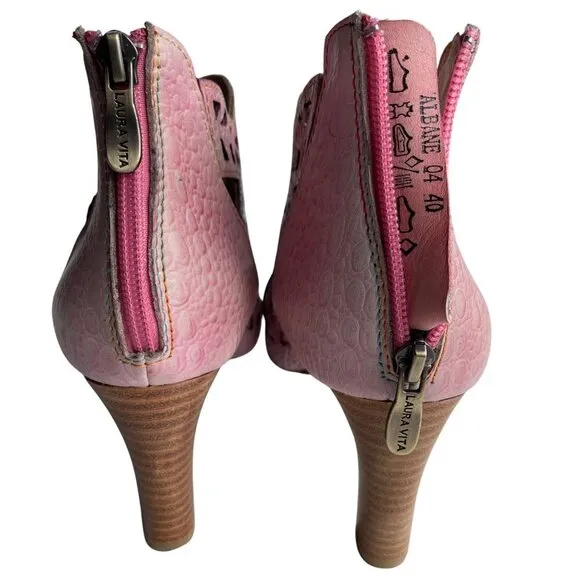 Laura Vita Pink Leather Cutout Heeled Sandals Back Zipper Wooden Heel Size 40 EU