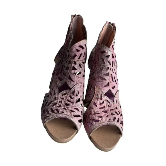 Laura Vita Pink Leather Cutout Heeled Sandals Back Zipper Wooden Heel Size 40 EU