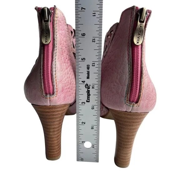 Laura Vita Pink Leather Cutout Heeled Sandals Back Zipper Wooden Heel Size 40 EU
