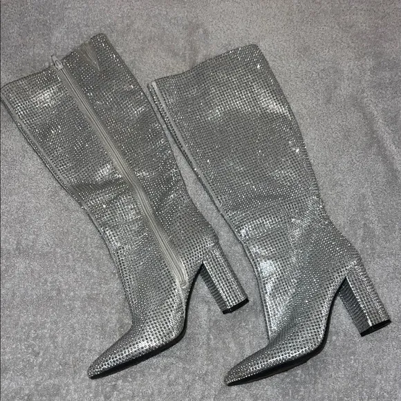 Like New Silver Rhinestone Boots with Pointed Toe