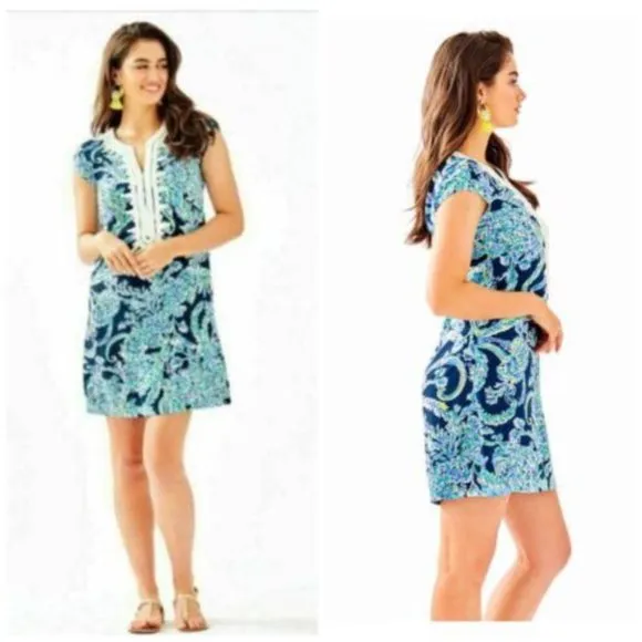 Lilly Pulitzer Madia Tunic Dress High Tide Navy  Scuba Doo White Green  Blue S