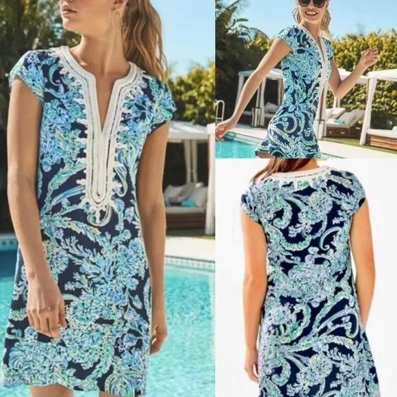 Lilly Pulitzer Madia Tunic Dress High Tide Navy  Scuba Doo White Green  Blue S