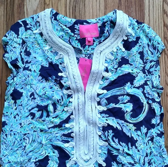 Lilly Pulitzer Madia Tunic Dress High Tide Navy  Scuba Doo White Green  Blue S