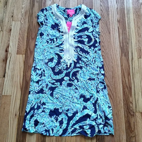 Lilly Pulitzer Madia Tunic Dress High Tide Navy  Scuba Doo White Green  Blue S