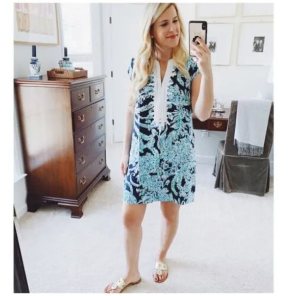 Lilly Pulitzer Madia Tunic Dress High Tide Navy  Scuba Doo White Green  Blue S