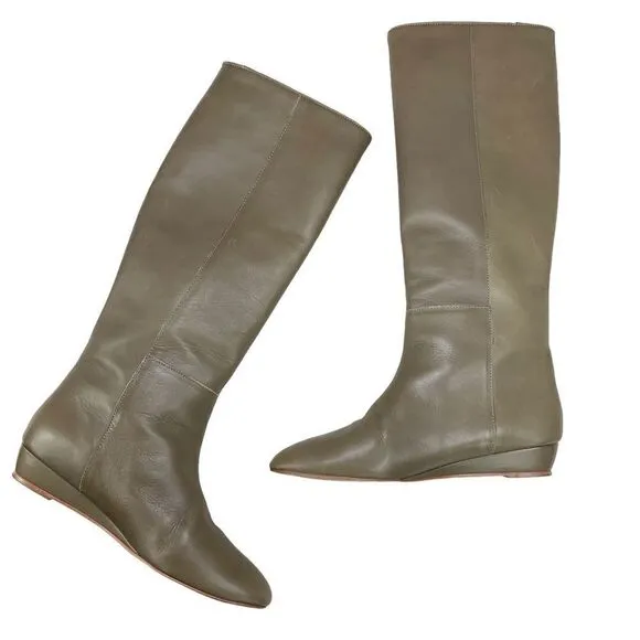 Loeffler Randall Matilde Taupe Leather Tall Wedge Boots 6.5