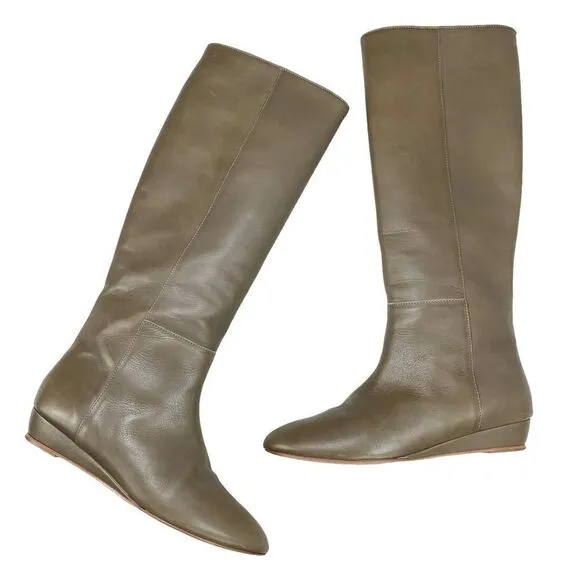Loeffler Randall Matilde Taupe Leather Tall Wedge Boots 6.5