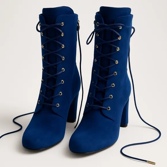 LONGCHAMP Blue Lace-Up Elegant Short Boots Size 36
