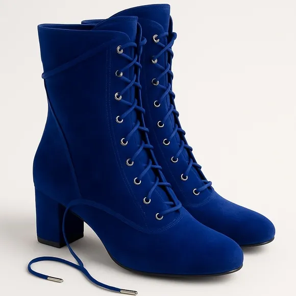 LONGCHAMP Blue Lace-Up Elegant Short Boots Size 36