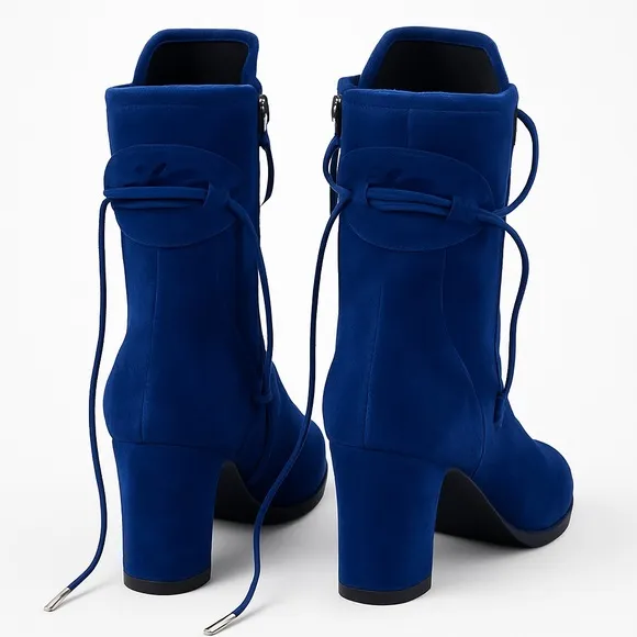 LONGCHAMP Blue Lace-Up Elegant Short Boots Size 36