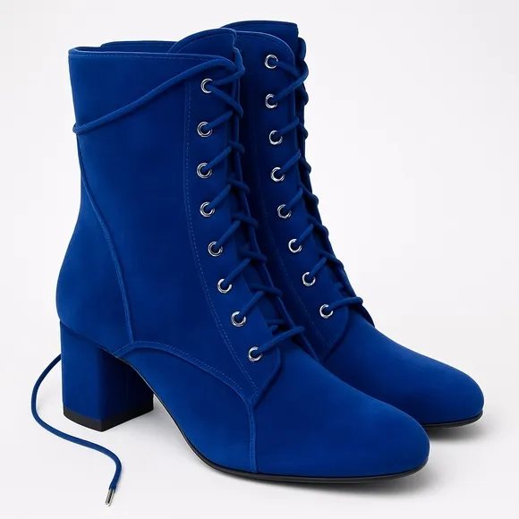 LONGCHAMP Blue Lace-Up Elegant Short Boots Size 36