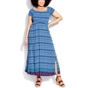 Loralette 22W-32W On/Off Shoulder Aqua Paelynn Border Maxi Dress M20.10