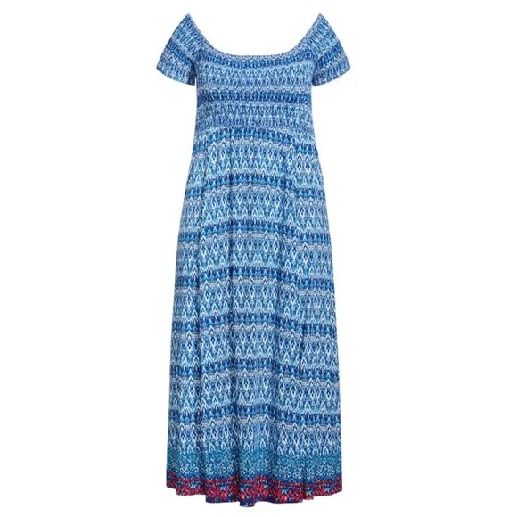 Loralette 22W-32W On/Off Shoulder Aqua Paelynn Border Maxi Dress M20.10