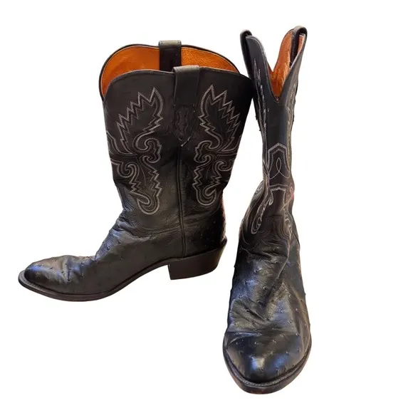 Lucchese 1883 Ostrich Full Quill Black Cowboy Boots  Stitch Leather 11.5 Men EUC