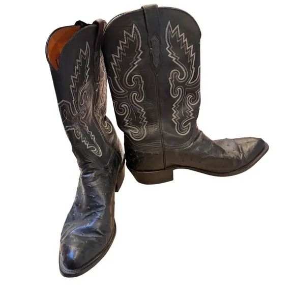 Lucchese 1883 Ostrich Full Quill Black Cowboy Boots  Stitch Leather 11.5 Men EUC