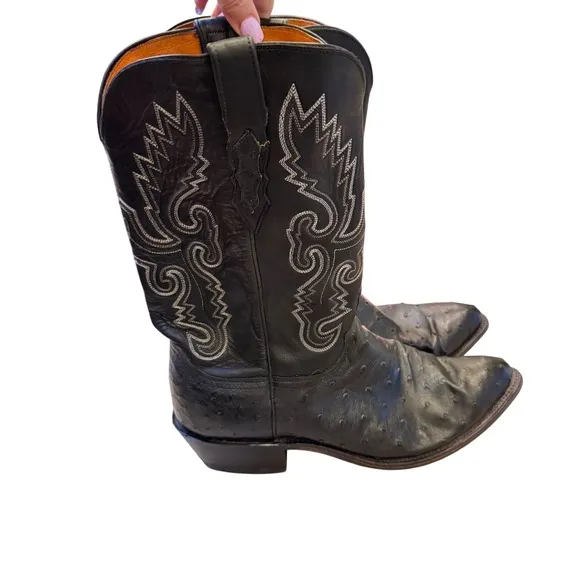 Lucchese 1883 Ostrich Full Quill Black Cowboy Boots  Stitch Leather 11.5 Men EUC