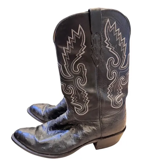 Lucchese 1883 Ostrich Full Quill Black Cowboy Boots  Stitch Leather 11.5 Men EUC